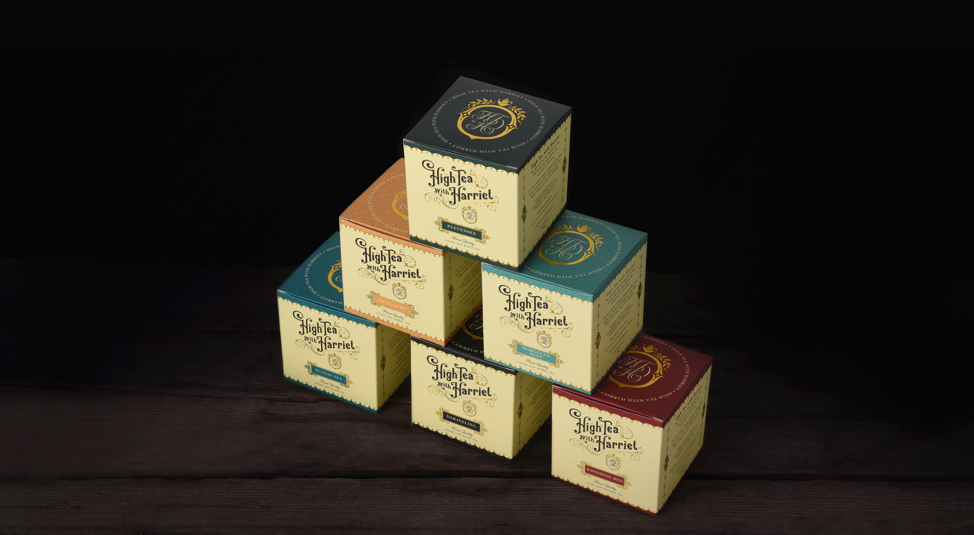 High Tea for Harriet – packaging design – stacked boxes